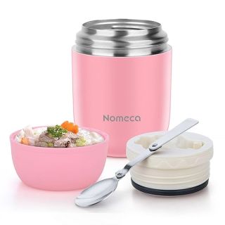 Nomeca Food Thermo Kids Thermo for Hot Food 16Oz Vacuum Insulated Food Jar with Folding Spoon, Stainless Steel Wide Mouth Hot Bento Lunch Container for Kids/Adult, Pink