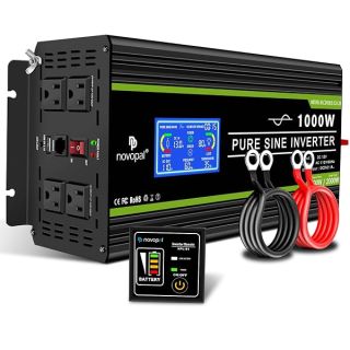 Novopal 1000 Watt Pure Sine Wave Power Inverter 12V DC to 110V/120V AC Converter- 4 AC Outlets Car Inverter with 1 USB Port-16.4 feet Remote Control,Two Cooling Fans and LCD Display Black