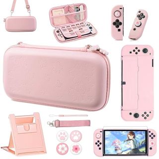 OLDZHU Pink Travel Carrying Case Accessories Kit Compatible with Nintendo Switch OLED 2021,10 in 1 Protection Kits with Hard Protective Cover,Glass Screen Protector,Adjustable Stand,Thumb Grip Caps