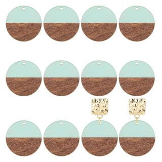 OLYCRAFT 10pcs Round Resin Wooden Earring Pendants - Vintage Turquoise Flat Cabochons for Jewelry Making