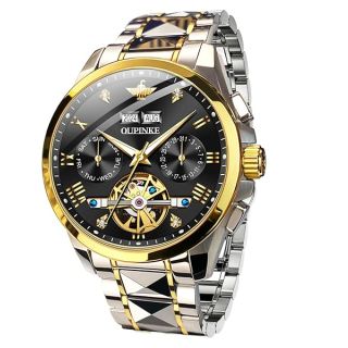 OUPINKE Mens Watches Automatic Tungsten Steel Casual Waterproof Sapphire Calendar Best Black Skeleton