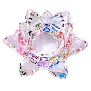 OwnMy 4.5 Inch Crystal Lotus Candle Tealight Holder, Glass Candle Lamps Holder Night Light Candlestick with Gift Box for Altar windowsill Home Decor Christmas Wedding Party (Rainbow)