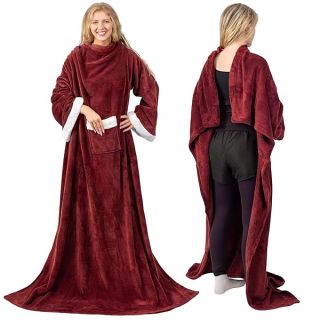 PAVILIA Fleece Blanket with Sleeves for Women Men Adults, Wearable Blanket Warm Soft Plush, Snuggle Pocket Sleeved TV Throw Wrap, Cozy White Elephant Gifts Ideas Mom Wife, Burgundy Red