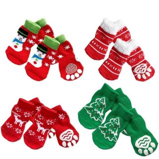 POPETPOP 4 Sets of Pet Dog Puppy Cat Non-Slip Cotton Socks with Christmas Pattern Size L