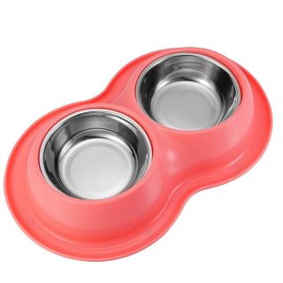 POPETPOP Double Dog Cat Bowls: Two-in-one Stainless Steel Pet Bowls Circular Cat Feeding Bowls for Dogs Cats Rabbit and Pets (Random Color)