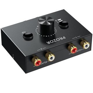 PROZOR RCA Stereo Audio Switcher - 2 in 1 Out R/L Stereo Audio Switch, 1 in 2 Out Stereo Audio Splitter with Mute Button and No External Power Required