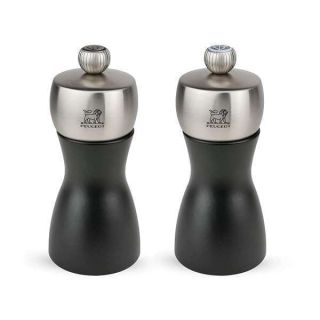 Peugeot - Fidji Manual Salt and Pepper Mill Set - Adjustable Grinders - Beechwood and Stainless Steel, Matte Black, 5 Inches