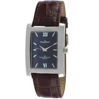 Peugeot Men&amp;#039;s Rectangular Textured Roman Numeral Dial Classic Dress Wrist Watch with Leather Strap Band