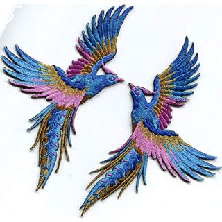 Phoenix phenix birds azure blue pink gold embroidered appliques iron-on patches pair S-1338