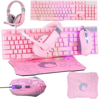Pink Gaming Keyboard & Mouse Bundle: LED RGB Headset & Mouse Pad for PC, Xbox, PS4, PS5, Nintendo Switch - Hornet RX-250