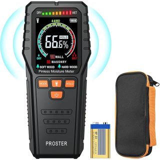 Proster Pinless Wood Moisture Meter - Non Destructive Moisture Tester for Wood Wallboard Masonry, Detect up to 3/4 Inch Below Surface, Backlit Color LCD, Visual Audible Alarm