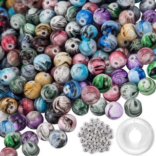 Quefe 500pcs Craft Beads for Jewelry Making, for Bracelets Making,Space Acrylic Beads in Ink Patterns with 50pcs Spacer Beads and Crystal String (8mm)