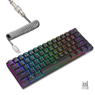 RK ROYAL KLUDGE RK61 60% Mechanical Keyboard with Coiled Cable, 2.4Ghz/Bluetooth/Wired, Wireless Bluetooth Mini Keyboard 61 Keys, RGB Hot Swappable Red Switch Gaming Keyboard with Software - Black