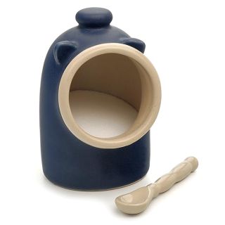 RSVP International Stoneware Salt Pig and Spoon Set, Wide Mouth, Dishwasher Safe, 3x3.25x5", Blue