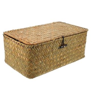 Rattan Storage Basket Makeup Organizer Multipurpose Container with Lid (M)