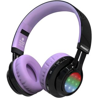 Riwbox Bluetooth Headphones for Kids, AB005 Wireless Kids Headphones V5.3 with Microphone Foldable Headset with LED Light and TF Card FM Radio Compatible for Tablet PC TV (Black&Purple)