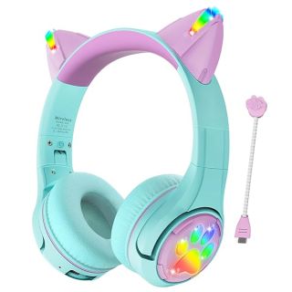 Riwbox CF9 Cat Ear Kids Bluetooth Headphones with LED Light Up,Safe 85dB Volume Limit,Built-in Mic&Boom Mic for Calls,Kids Wireless&Wired Headphones for Tablet/Airplane/School/Online Learning (Green)