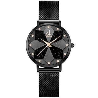 SHENGKE Creative Starry Sky Women Watch with Stainless Steel Mesh Band Genuine Leather Elegant Women Watches (Starry-Mesh Band-Black)