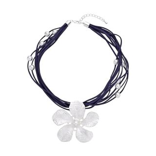 SHOP LC DELIVERING JOY Multi Strand Faux Leather Navy Platinum Plated Station Jasmine Flower Layered Pendant Necklace for Women Jewelry 18-20" Christmas Gifts for Women