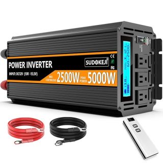 SUDOKEJI 2500W Power Inverter 12V DC to AC 110V/120V (Peak) 5000W Converter 3 sockets car Inverter with Remote Control and LED Display 3.4v USB Port