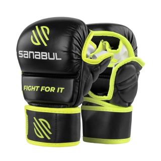 Sanabul Essential 7 oz MMA Gloves Men & Women Martial Arts Sparring Gloves Training Gloves Hybrid 7oz MMA Kickboxing Gloves - Black/Green, Large/X-Large