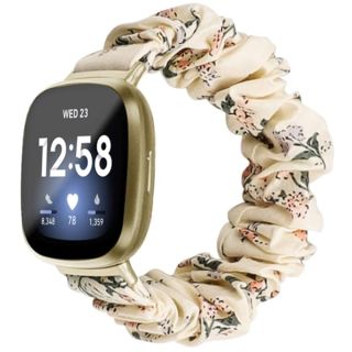 Scrunchie Elastic Watch Band Fit for Fitbit Sense/Versa 3 Women Girls, Soft Cloth Pattern Printed Fabric Wristband Replacement Bracelet for Fitbit Versa 3 Accessories (Beige Honeysuckle, Small)