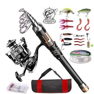 ShinePick Fishing Rod Kit, Telescopic Fishing Pole and Reel Combo Full Kit with Line Lures Hooks Carrier Bag for Travel Saltwater Freshwater Boat Fishing Beginners(2.1M)