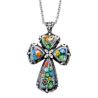 "Shop LC Rainbow Cross Necklace - Murano Millefiori Glass, Enameled Stainless Steel, 20" - Perfect Christian Gift!"