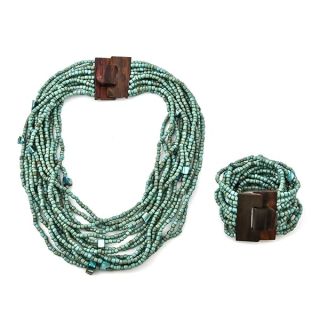 "Shop LC Handmade Green Seed Bead Necklace & Bracelet Set - Boho Multi-Strand Jewelry for Women - 18" Layered Design"