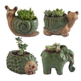 Set of 4 Cute Ceramic Animal Succulent Pots with Drainage - Perfect for Indoor Decor & Gifts