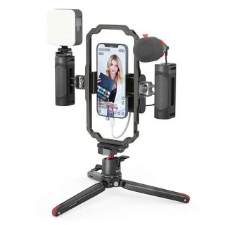 SmallRig Universal Phone Video Rig Kit for iPhone, Smartphone and Cameras, Phone Stabilizer Rig w/Tripod Microphone LED Light Side Handle Power Bank Holderm, for Vlogging &amp; Live Streaming - 3384B