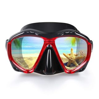 Snorkel Diving Mask Panoramic HD Swim Mask, Anti-Fog Scuba Diving Goggles,Tempered Glass Dive Mask Adult Youth Swim Goggles with Nose Cover for Diving, Snorkeling, Swimming (A-Black Red,All Ages)