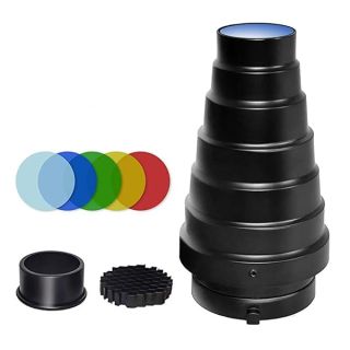 Soonpho Aluminium Alloy Conical Snoot Kit for Bowens Mount Strobe Flash Speedlite Photography,Honeycomb Grid and 5 Pieces Color Filters for Bowens Mount Strobe Flash Speedlite