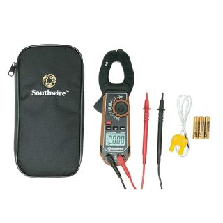 Southwire 21510N clamp meter; third-hand test probe holder; 400A AC current range; CAT III 600V safety rating; built-in non-contact voltage detector; 5 year warranty; Black Brown