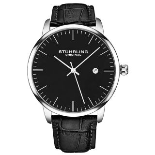 Stuhrling Original Mens Black Watch Calfskin Leather Strap Classic Dress Wrist Watch Minimalist Analog Watch Dial with Date Mens Black Watch (Black)