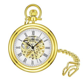 Stuhrling Original Men's Pocket Watch Stainless Steel Analog Skeleton Watch Hand Wind Mechanical Movement Stainless Steel Chain (Silver) (Gold)