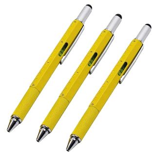 Stylus Pen, 7-in-1 Multi-Tool Pen [Touchscreen Stylus, Ballpoint Pen, Ruler, Level, Phillips Screwdriver and Flathead (3 Pack Yellow)