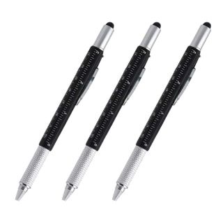 Stylus Pen, 7-in-1 Multi-Tool Pen Touchscreen Stylus, Ballpoint Pen, Ruler, Level, Phillips Screwdriver and Flathead (3 Pack Black)