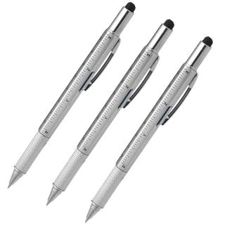 Stylus Pen, 7-in-1 Multi-Tool Pen Touchscreen Stylus, Ballpoint Pen, Ruler, Level, Phillips Screwdriver and Flathead (3 Pack Silver)