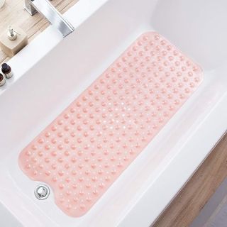 TEESHLY Bathtub Mats for Shower Tub Extra Long Non-Slip Bath Mat, 39 x 16 Inch Shower Mat with Drain Holes and Suction Cups, Bath Tub Mat for Bathroom with Machine Washable (Clear Coral Pink)