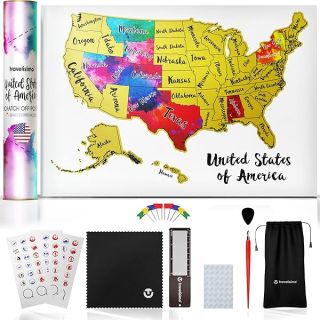 TRAVELISIMO Scratch Off Map of United States, 12x17 inch Travel Map, United States Map for Traveling with 25 Unique Accessories, Colorful Scratch Map, Travel Map Scratch Off, Gift for Travelers