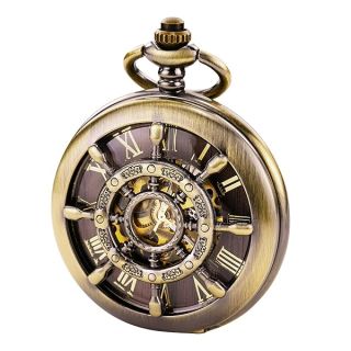 TREEWETO Bronze Rudder Pocket Watch Double Cover Roman Numerals Dial Skeleton Man Women Pocket Watches for Men