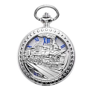 TREEWETO Mens Womens Antique Mechanical Pocket Watch Skeleton Silver Case Steam Train Railroad Roman Numerals