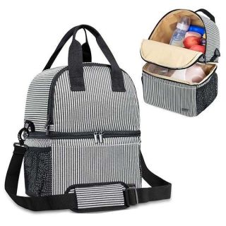 Teamoy Breast Pump Bag Tote with Cooler - Stylish Double Layer for Working Moms | Black & White Stripes