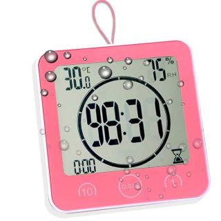 Timer Waterproof for Shower, Water Resistant Bathroom Wall Clock with Suction, Large Countdown Visual Timer for Kids, Digital Outdoor Hanging Clock with Temperature and Humidity Display (Pink)