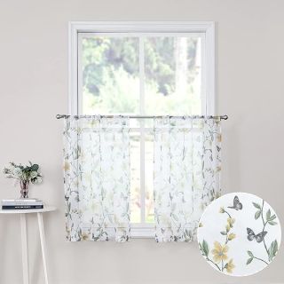 Tollpiz Sheer Floral Tier Curtain Yellow Flower Butterfly Printed Half Window Curtains Rod Pocket Kitchen Voile Faux Linen Curtain for Bathroom, 30 x 36 inches Long, Set of 2 Panels