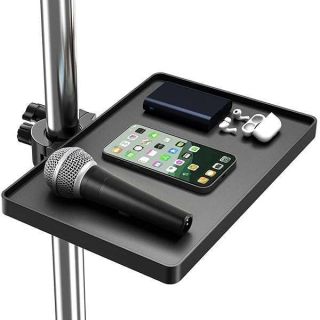 Universal Microphone Stand Tray with Phone Holder, Adjustable Mic Stand Tray Shelf Clamp On Utility Shelf - 8.7" x 6.5" Music Stand Tray Attachment for Music Sheet, Live Streaming, Karaoke, Recording