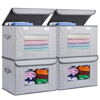 Univivi Fabric Foldable Storage Boxes [4-Pack] Large Collapsible Stackable Storage Bins with Lids, Closet Organizers and Storage Cube Basket for Home, Office, Bedroom (Gray, 17“ x 12” x 12")