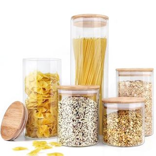 Urban Green Glass Jar with Bamboo Lids, Glass Airtight food Storage Containers, Glass Canister set, Spice Jar, Glass storage containers with lids, Pantry Organization and Storage set of 5