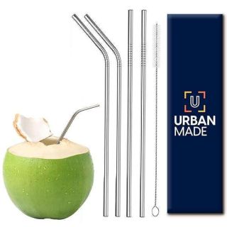 Urbanmade Straw Stainless Steel Straw for Kids and Adults Reusable Metal Straw Set with Cleaning Brush Long Steel Straws for Drinking Juice &amp; Drinks Reusable Straw Pipe - (2-Straight, 2-Bend, 1-Brush)